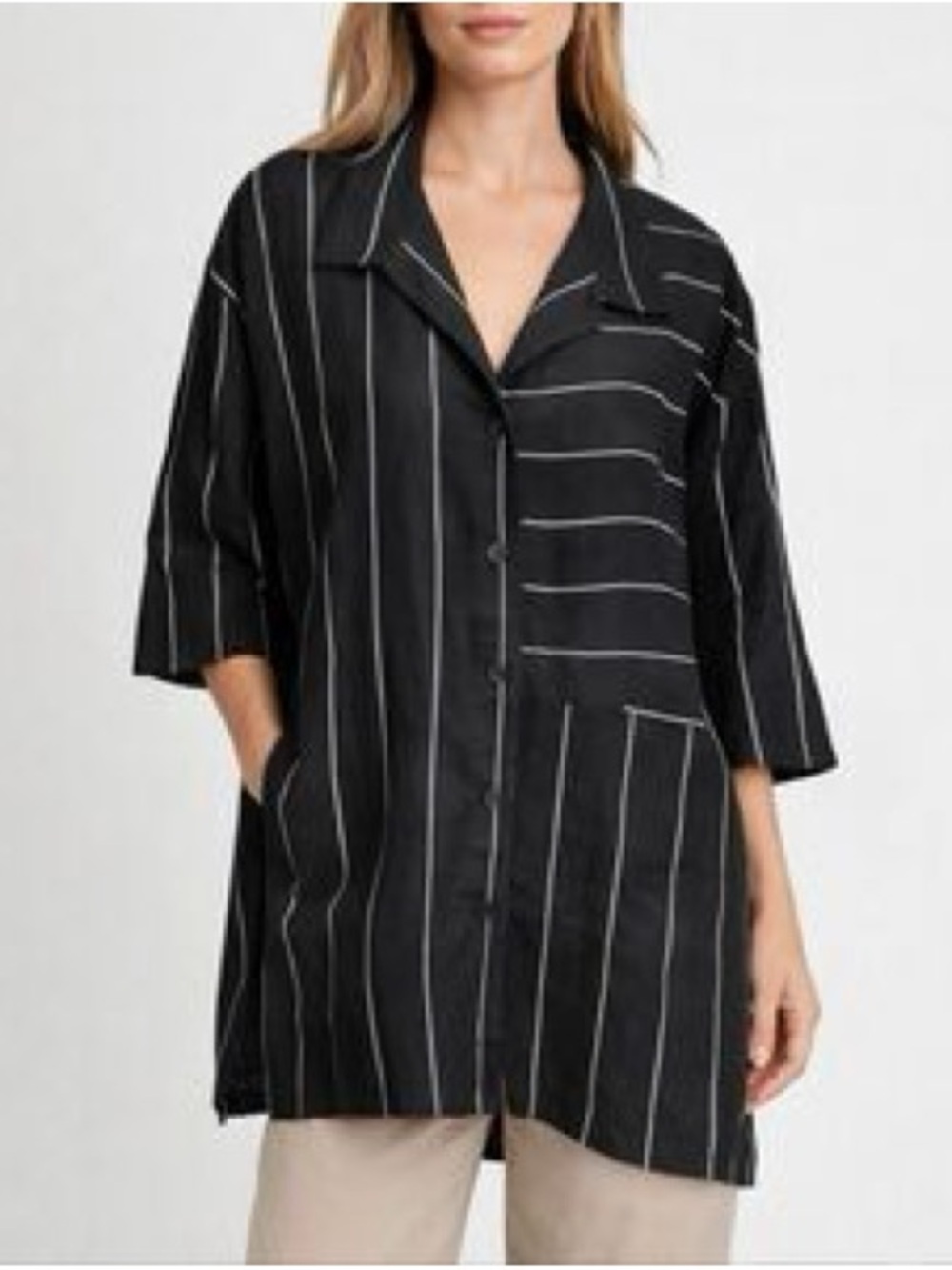 Lisa Bayne 100% Linen Black White Pinstripe Oversized Button Shirt XS P Tunic